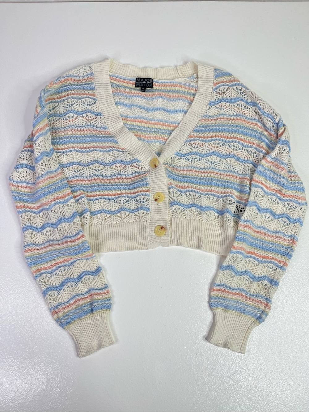 Major Striped Open Knit Cropped Cardigan Sweater Pastel V-Neck Women’s Medium